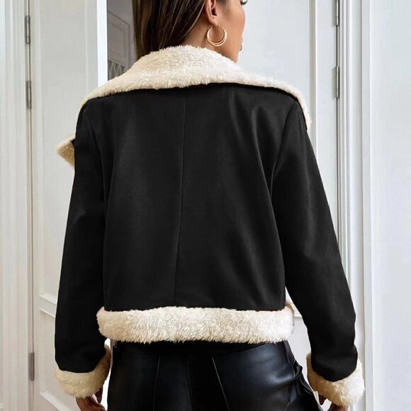 Black And White Preppy Womens Teddy Lined Open Front Suedette Moto Jacket - Picture 2 of 5